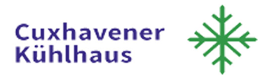 Logo von Cuxhavener Kühlhaus – blaue Schrift mit grünem Eiskristall-Symbol