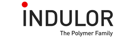 Logo of INDULOR – black capital letters with red dot, 'The Polymer Family' tagline