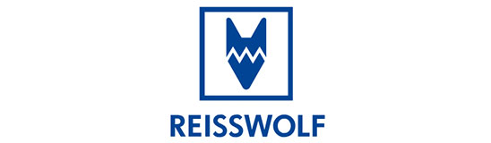 Logo von Reisswolf – blauer Schriftzug unter blauem Kasten mit stilisierten Wolfskopf