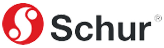 Logo von Schur – roter Kreis mit weißem Schnörkel-S und daneben in schwarzer Schrift der Firmenname