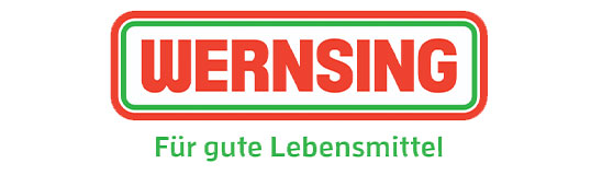 Logo von Wernsing Feinkost GmbH – roter Schriftzug in Großbuchstaben mit grünem und rotem abgerundeten Kasten herum, grüner Slogan darunter
