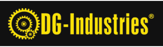 Logo of DG Industries – yellow gear symbol on black background with bold type