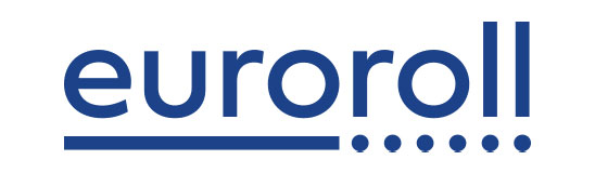 Logo of Euroroll – blue lettering with dots and lines, stylized roller design